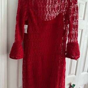 Dress Barn Vibrant Red Lace Long Sleeve Dress Christmas Dress.